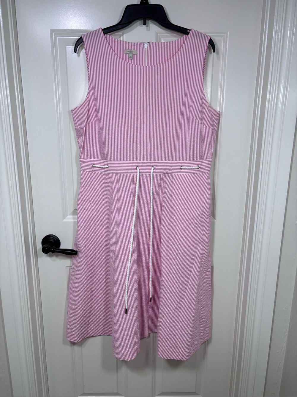 Talbots Sleeveless Seersucker Midi Dress Women’s 14 Pink and White Stripes
